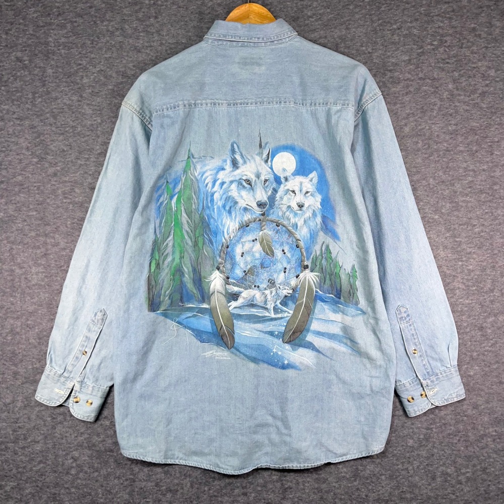 Vintage Graphics Wolf Dreamcatcher Denim Shirt Jamestown S'Klallam Tribe M Polar